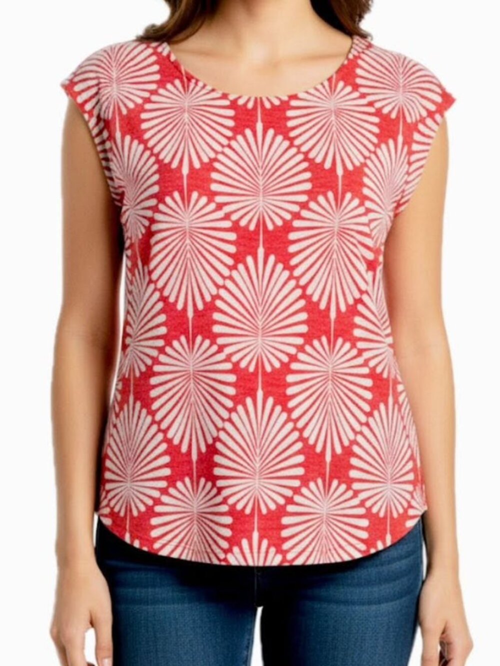 Joie Linen Top Womens M Red Floral Boho Shirt Beachy Lagenlook Scoop Neck